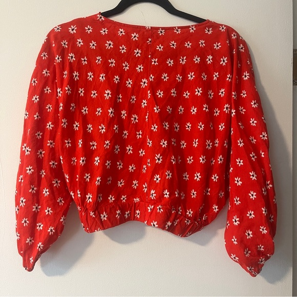 Zara Top Red floral tie front Cropped balloon‎ sleeves Size Large Linen blend - Picture 6 of 8
